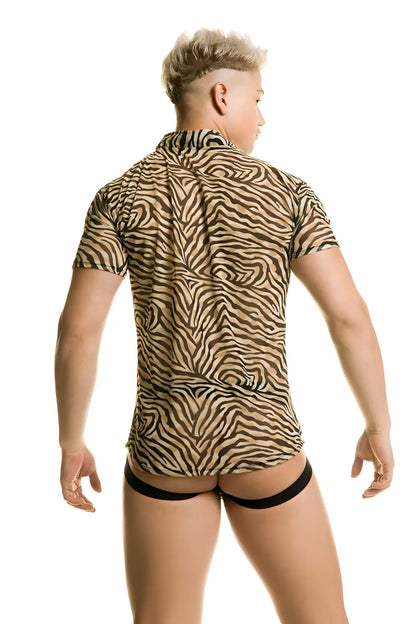 Gigo tiger short sleeved fitted shirt in size L with bold black and beige zebra stripe pattern