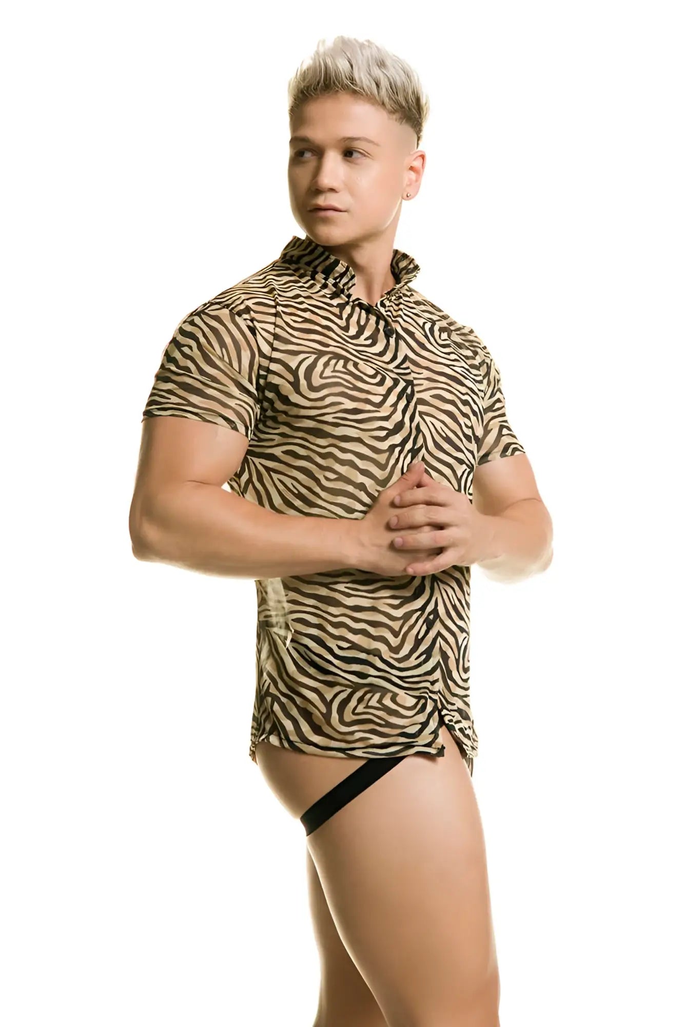 A man wearing a gigo tiger short sleeved shirt with bold black and beige zebra stripes size L