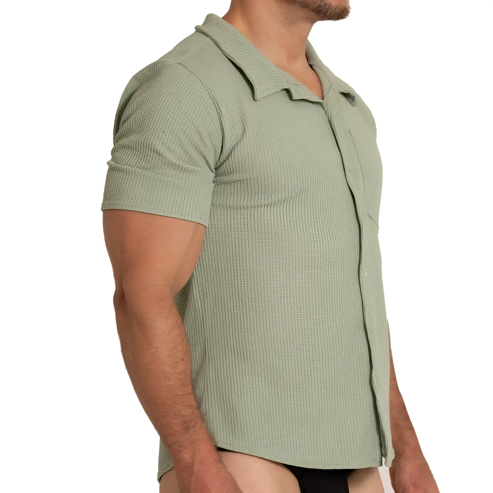 A menâ€™s short-sleeved polo shirt in muted sage green with textured waffle knit and classic collar gigo tissue green shirt