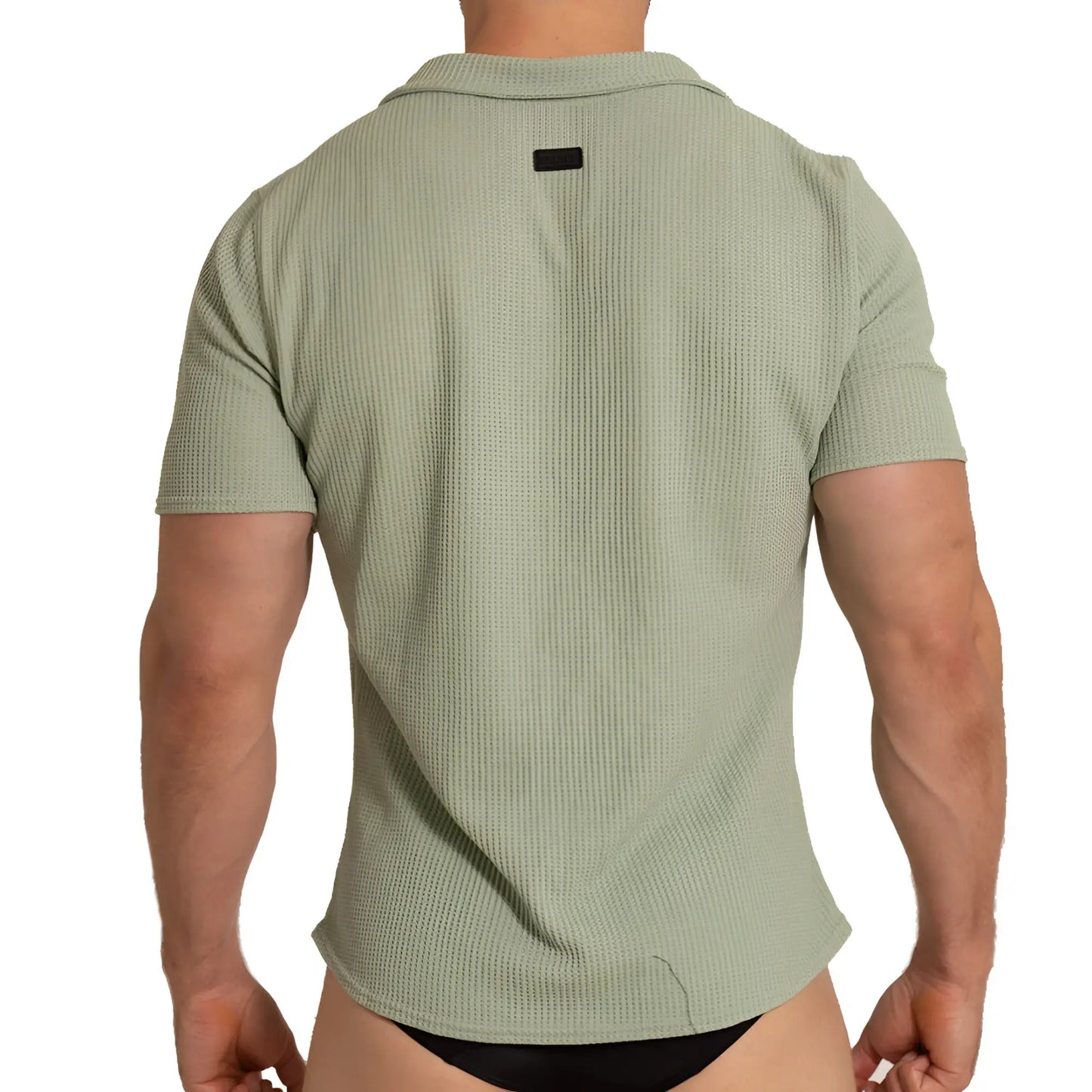 A menâ€™s short-sleeved polo shirt in textured light sage green fabric with ribbed pattern and black collar tag back view