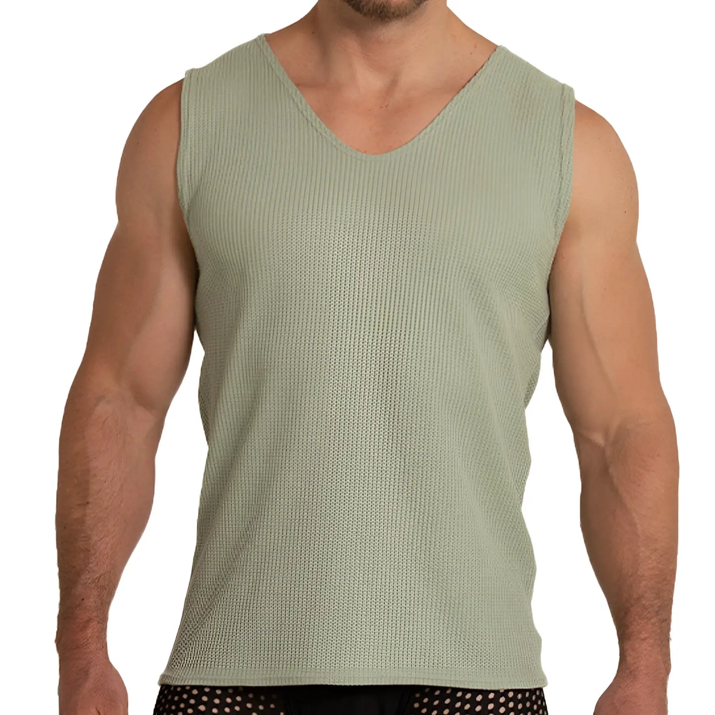 Menâ€™s olive green ribbed knit sleeveless tank top with v-neckline from Gigo Tissue Green Tank collection