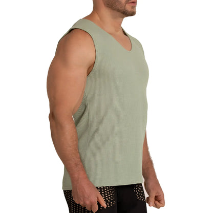 A menâ€™s sage green ribbed knit sleeveless tank top with v-neckline from Gigo Tissue Green Tank collection