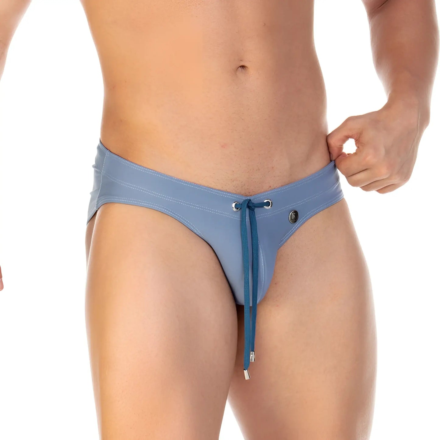 Gigo traditional blue swim brief made of blue satin swim trunks with drawstring and zipper detail