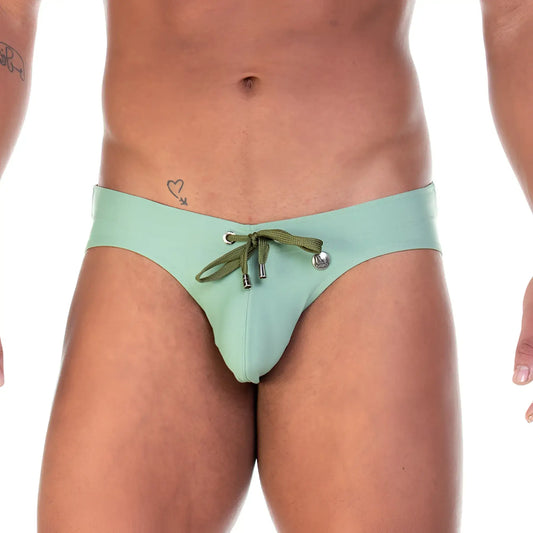 Gigo traditional green swim brief in mint green with olive green drawstring and silver metal hardware for swimming