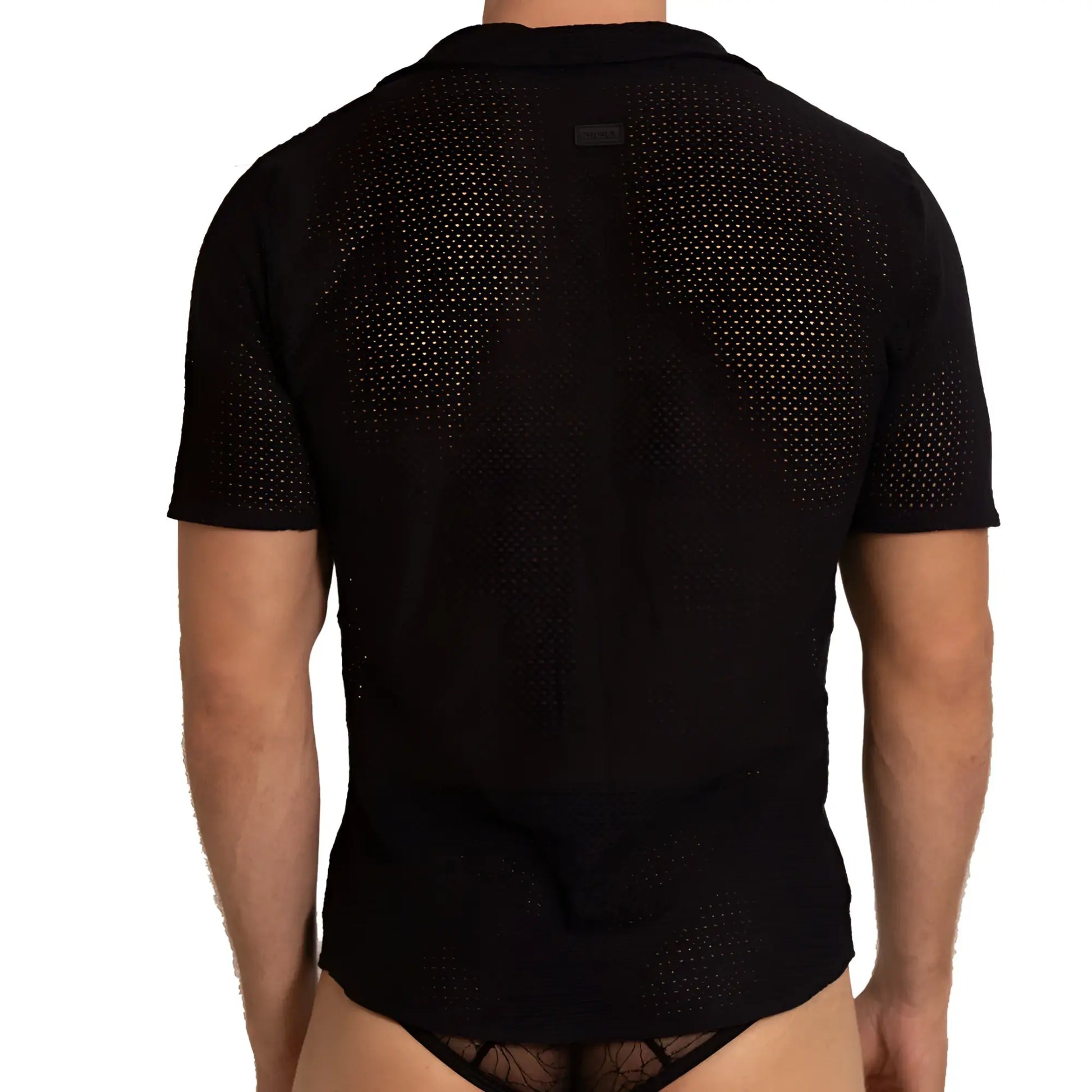 Black perforated knit polo shirt with short sleeves and collar gigo tramell shirt for casual wear