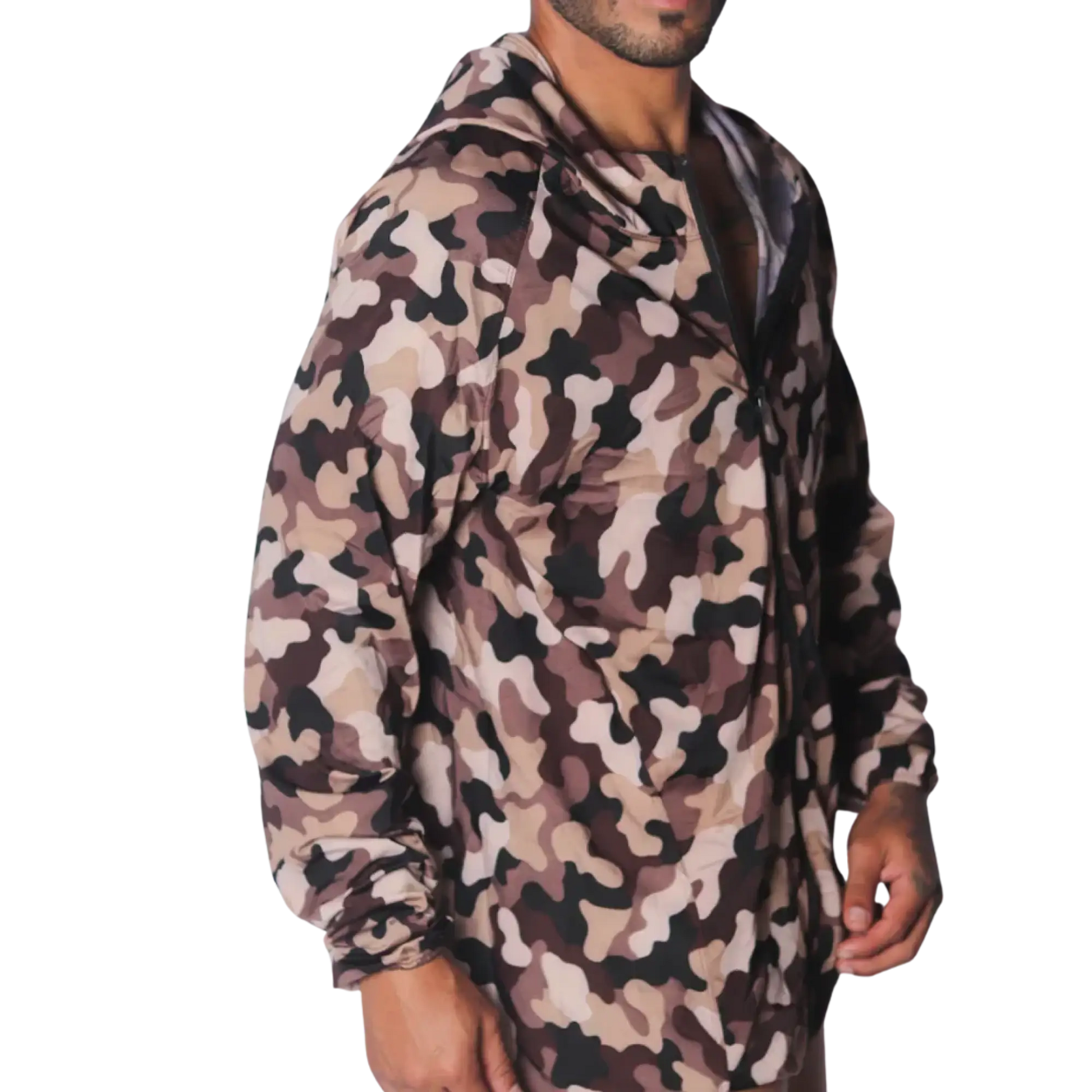 Gigo Trend Jacket in beige and brown camouflage print, featuring a lightweight windbreaker style with a hood and zip.
