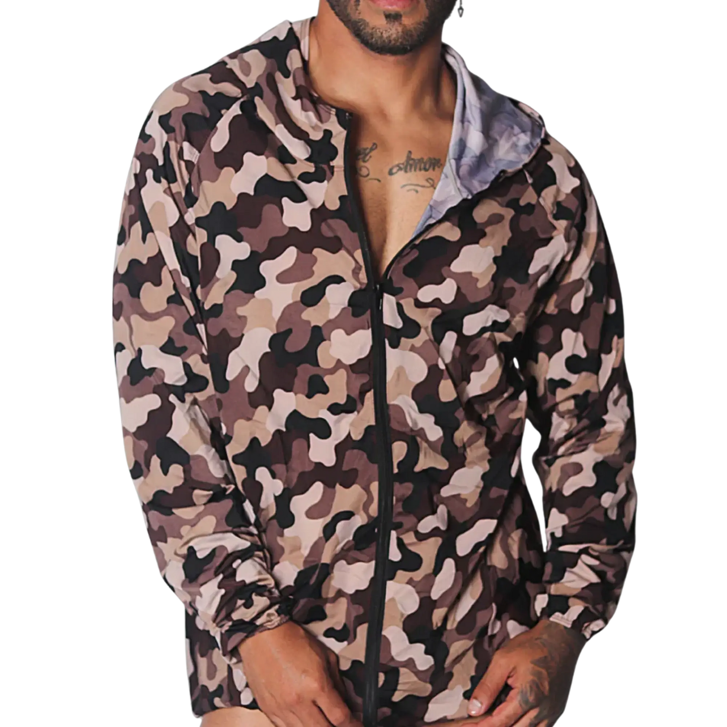 Lightweight camouflage zip-up hoodie jacket in brown and tan tones with a slim fit and elastic cuffs.
