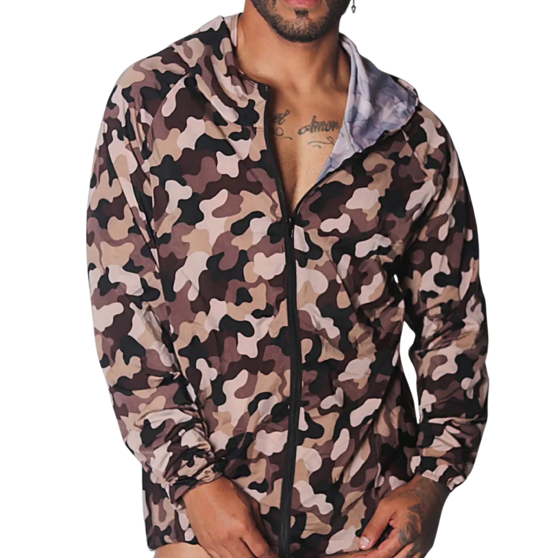Lightweight camouflage zip-up hoodie jacket in brown and tan tones with a slim fit and elastic cuffs.