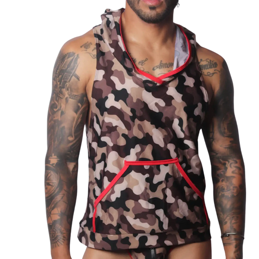 Brown camouflage sleeveless hooded T-shirt featuring a kangaroo pocket with vibrant red trim.