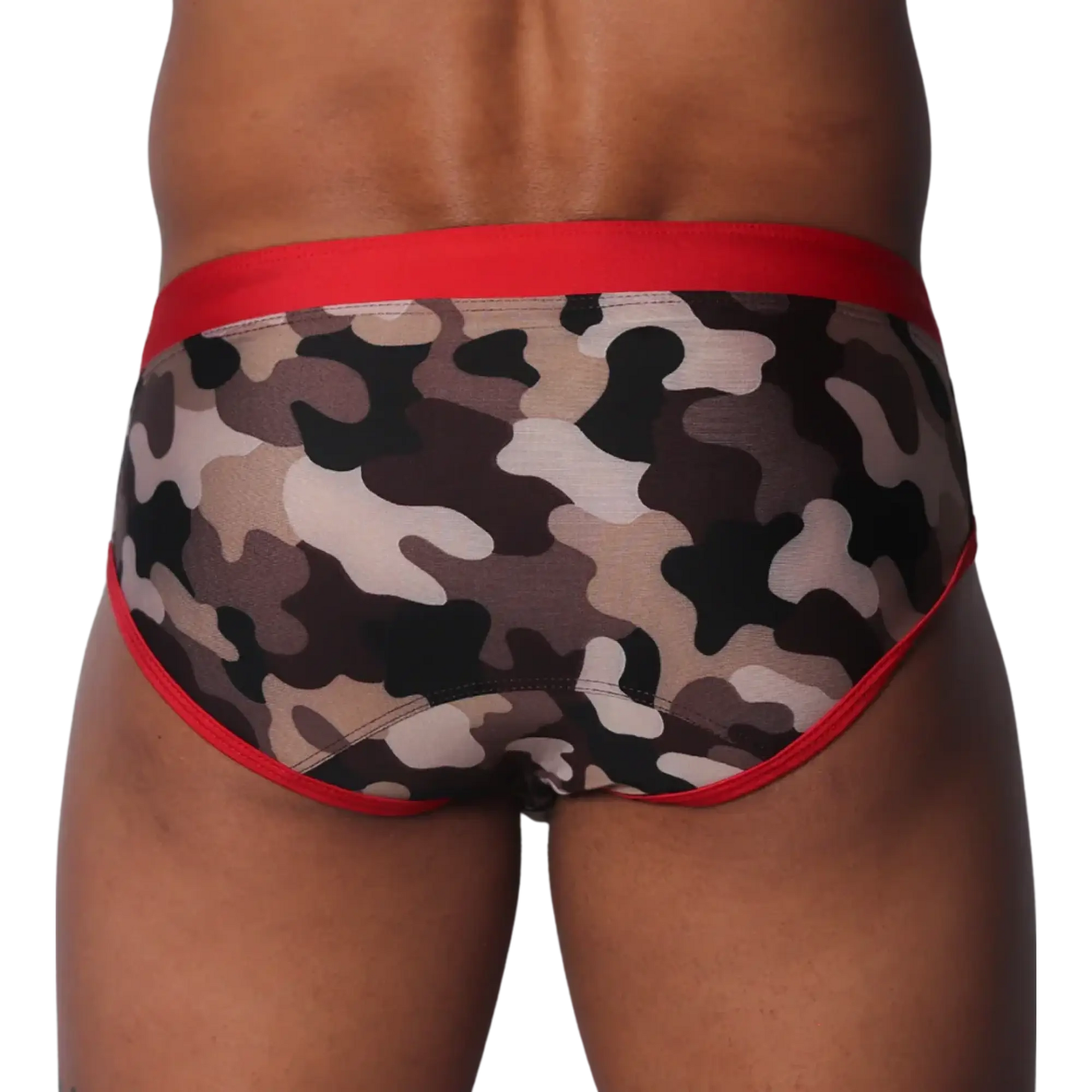 Gigo Trend swim brief in camo print with red trim at the waistband and leg openings.