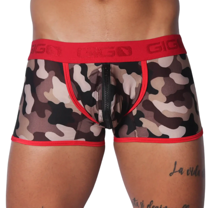 Camouflage print trunk with red trim, logo waistband, and a center-front zipper closure.