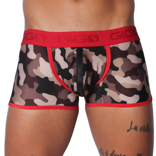 Camouflage print trunk with red trim, logo waistband, and a center-front zipper closure.