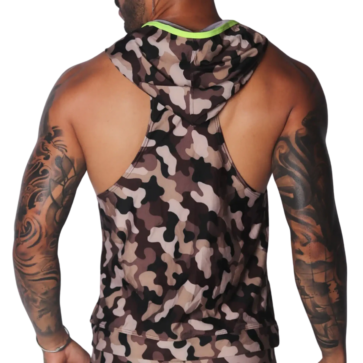 Sleeveless camouflage print hooded gym tank top with neon yellow trim detailing.