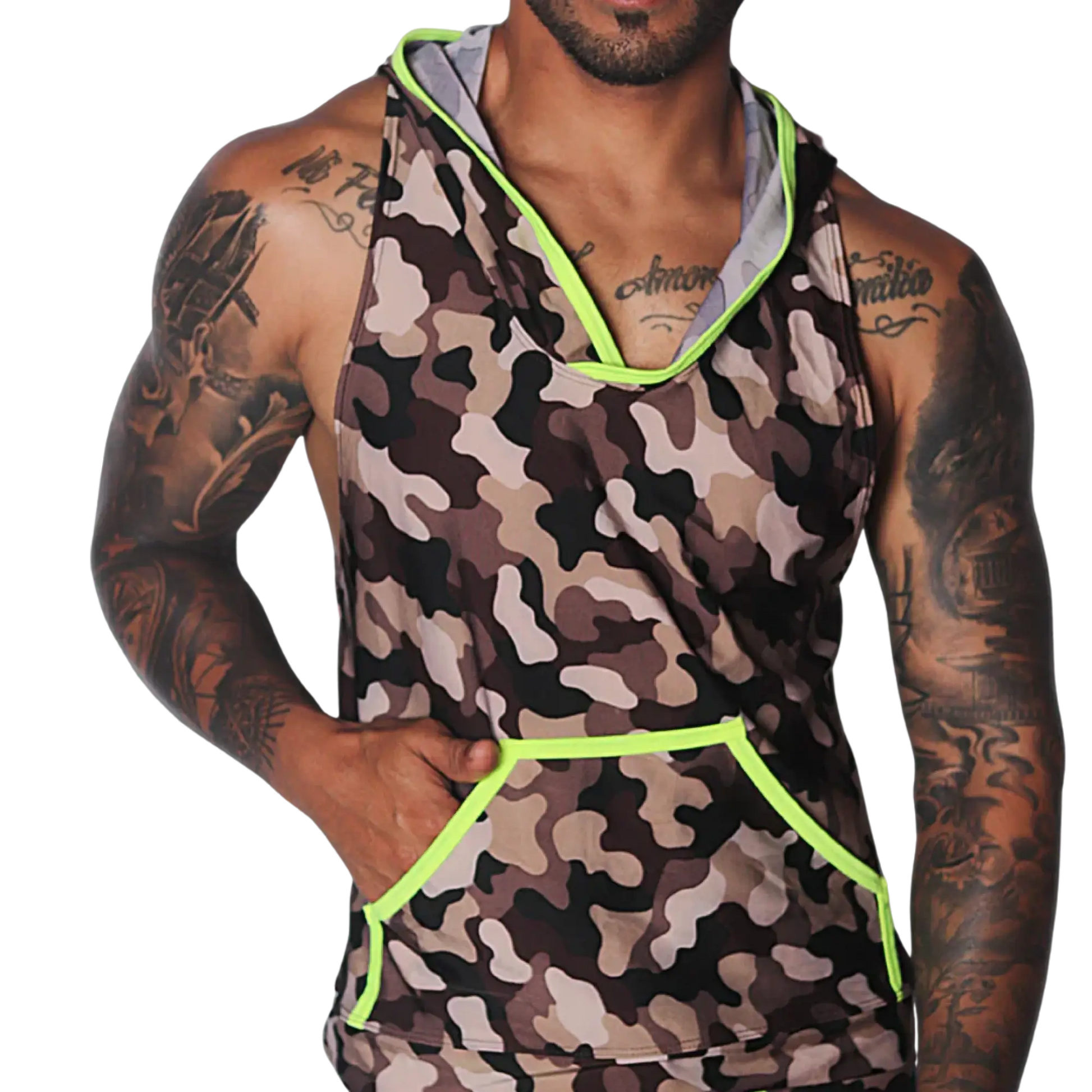 Sleeveless brown camouflage hoodie tank top with bright neon yellow trim and a front kangaroo pocket.