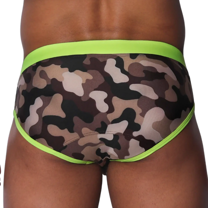 Gigo swim brief with a brown camouflage pattern and bright neon yellow trim against a black background.