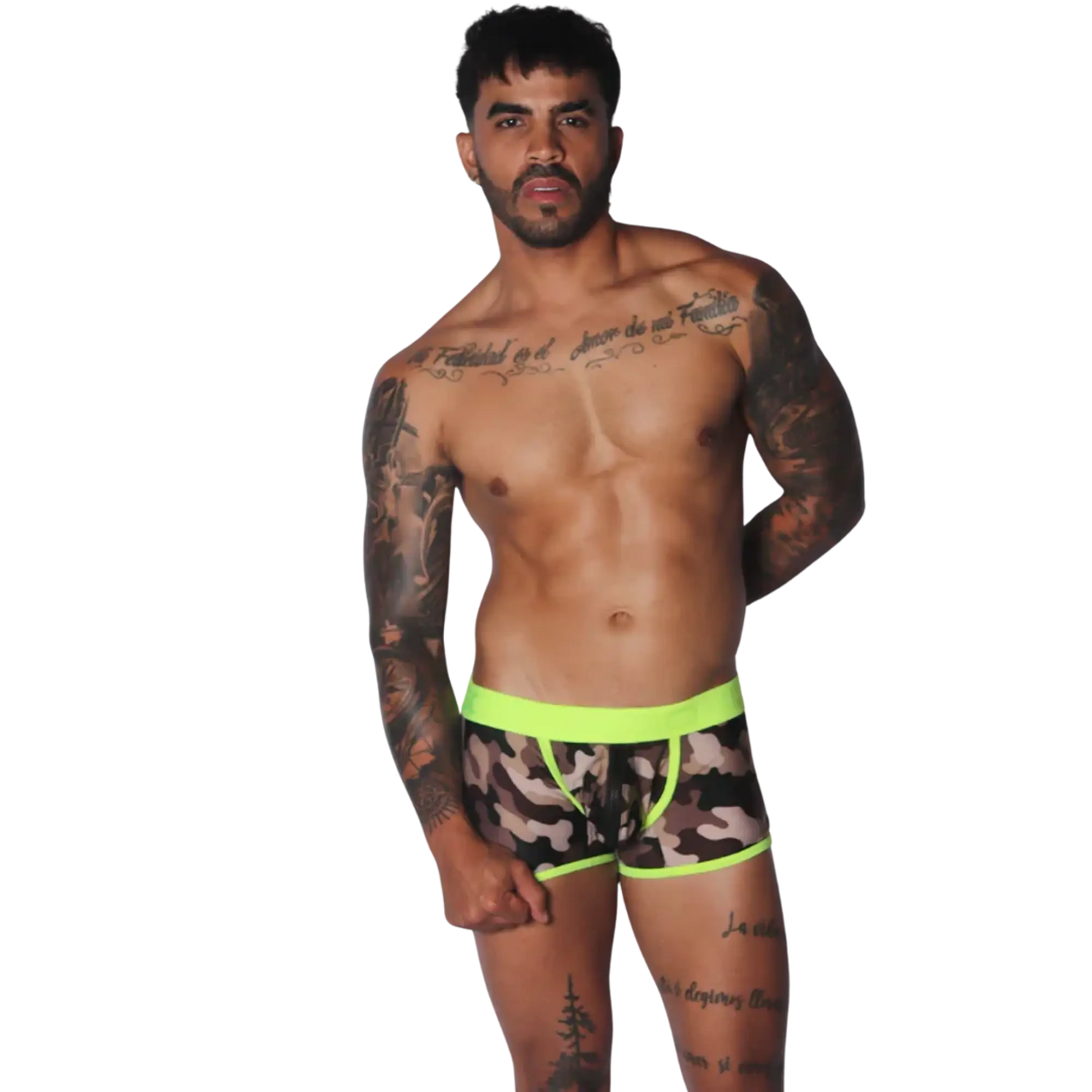 Camouflage print trunk with a neon yellow waistband and trim, featuring a front-center zipper detail.
