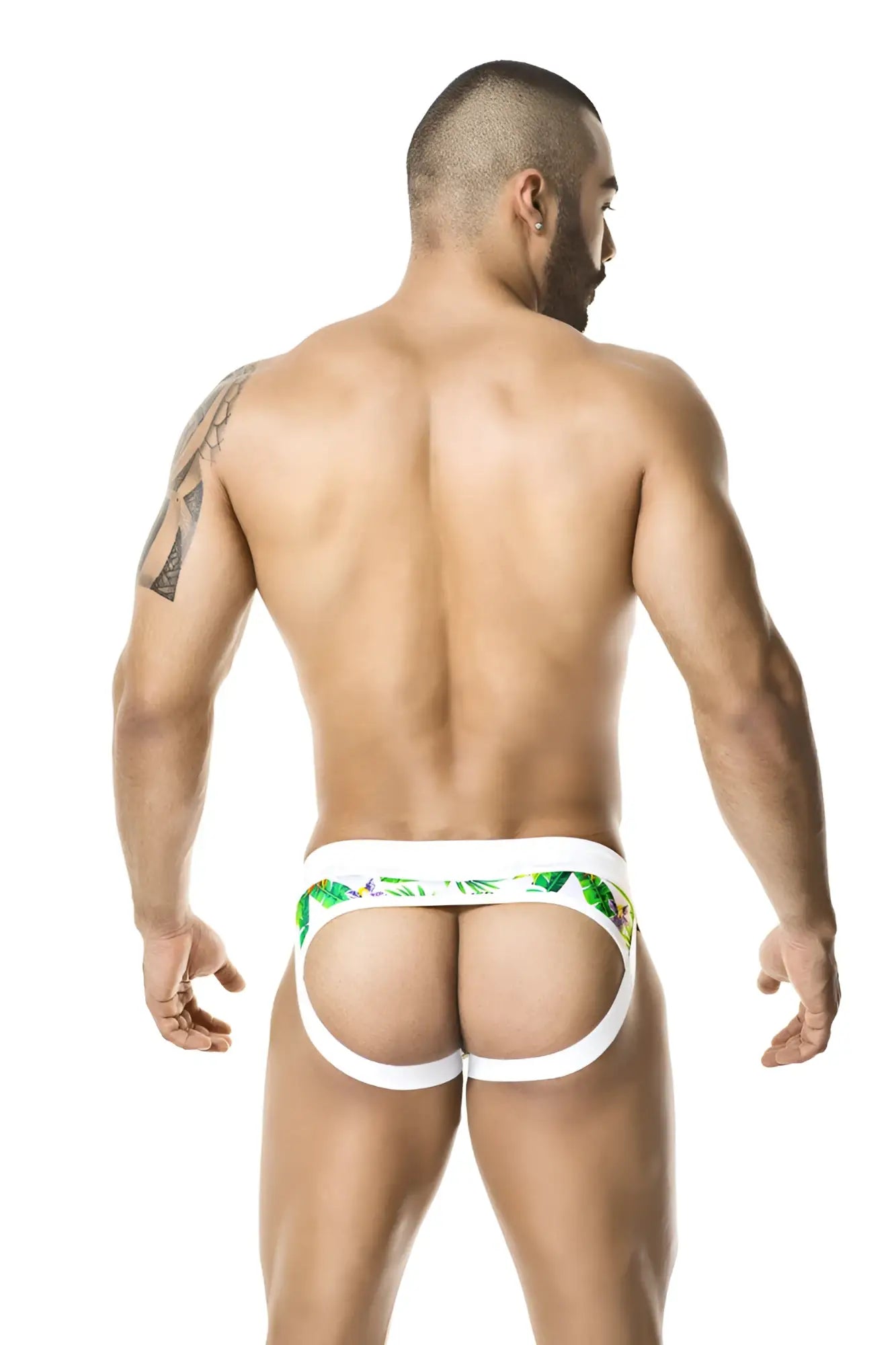 White briefs jock strap underwear with green tropical leaf pattern by gigo size m designed for comfort and style