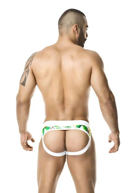 White briefs jock strap underwear with green tropical leaf pattern by gigo size m designed for comfort and style