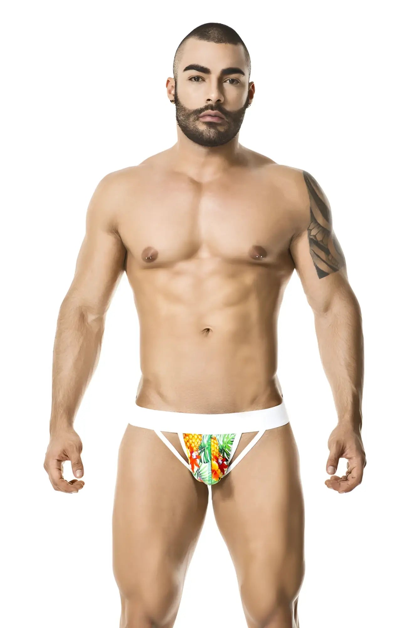 Gigo tropic jock strap underwear size m featuring white tropical fruit patterned briefs with vibrant colorful design