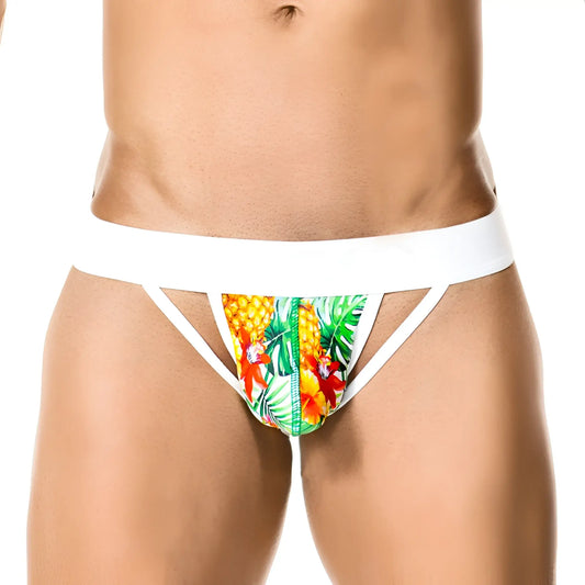 Gigo tropic jock strap underwear size m in white with tropical pineapple print green leaves and red flowers