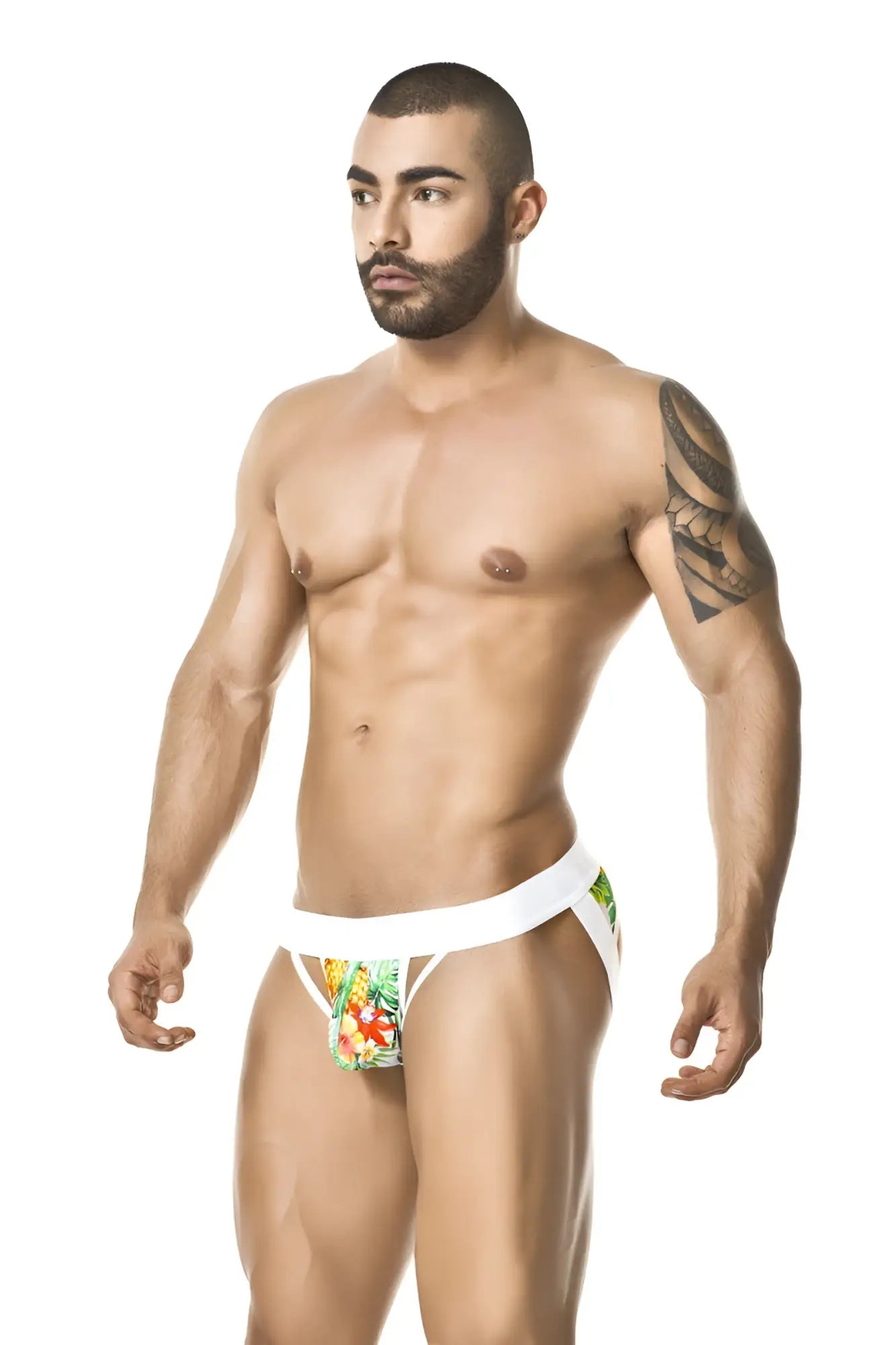 White briefs jock strap underwear with vibrant tropical fruit print and side cutouts size m by gigo