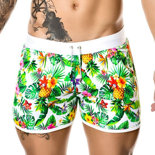Gigo tropic shorts b29003 size m vibrant tropical print swim trunks with white waistband and drawstring on white background