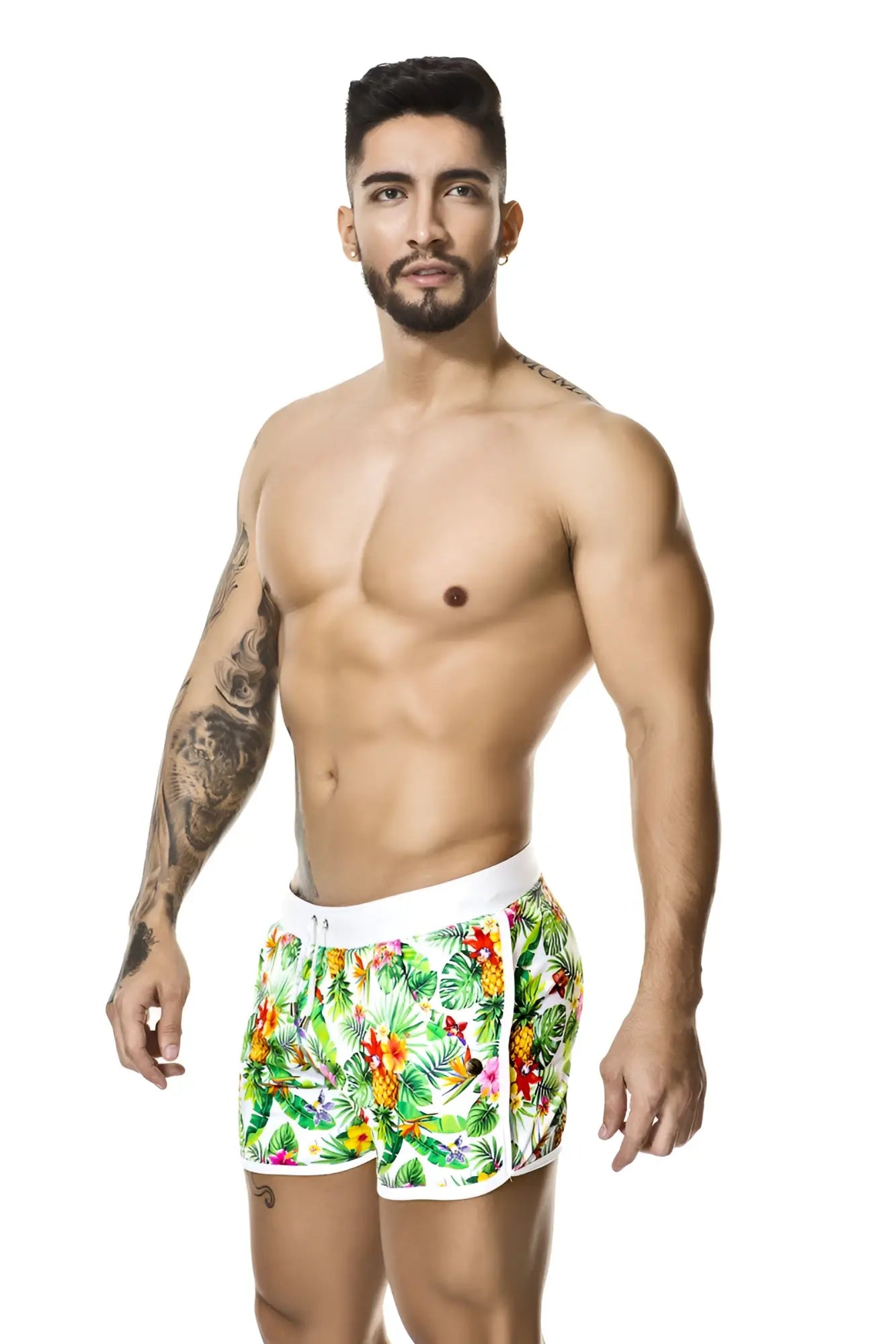 Vibrant tropical print swim trunks with white waistband and trim gigo tropic shorts b29003 size m