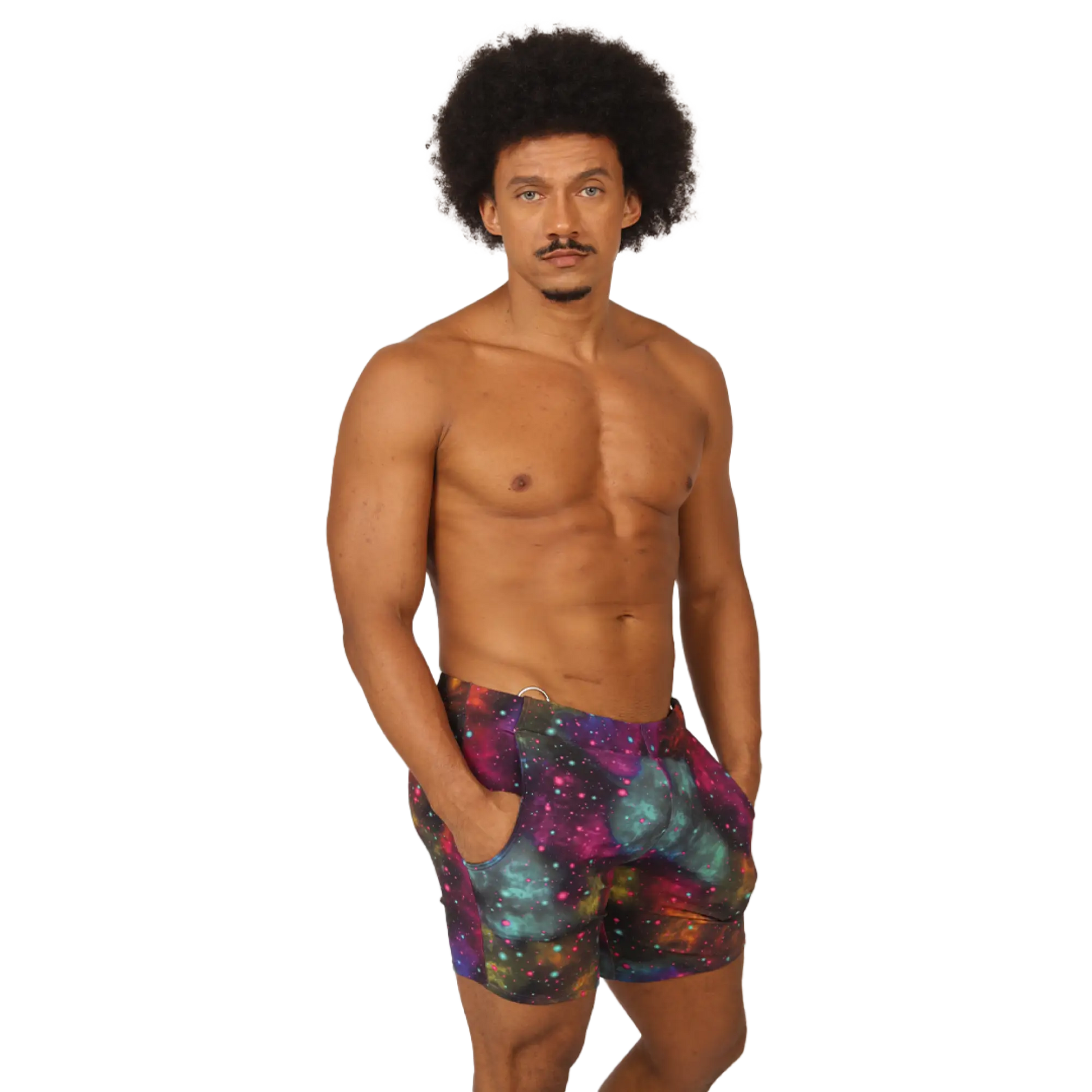 Menâ€™s galaxy-print swim trunks in purple teal and pink cosmic nebula design from Gigo Universe Beachwear