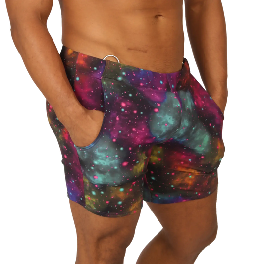 Gigo universe beachwear vibrant galaxy-print swim trunks with magenta teal and purple nebulae and star-like dots
