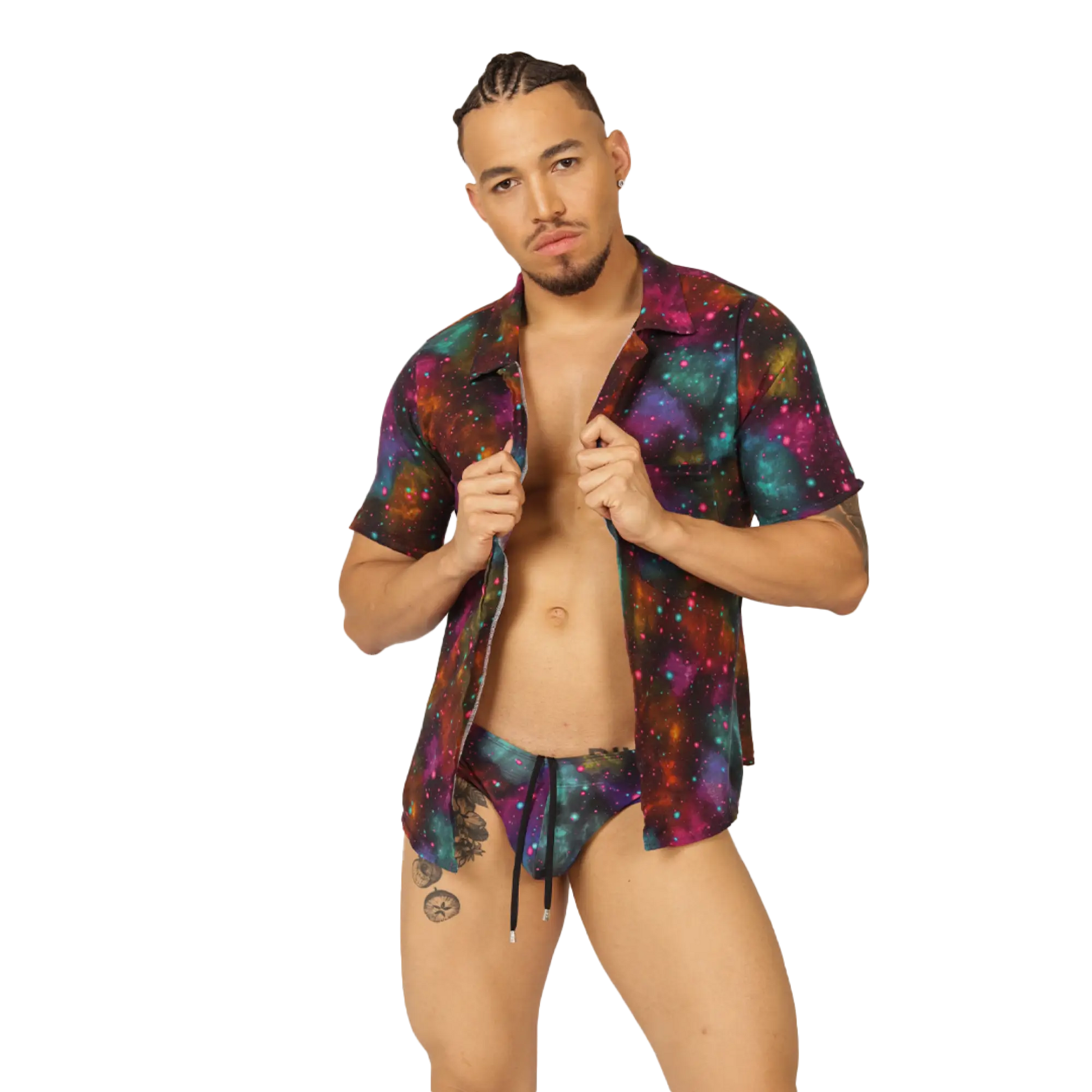 A vibrant galaxy-print short-sleeved button-up shirt in purple teal and orange called gigo universe shirt