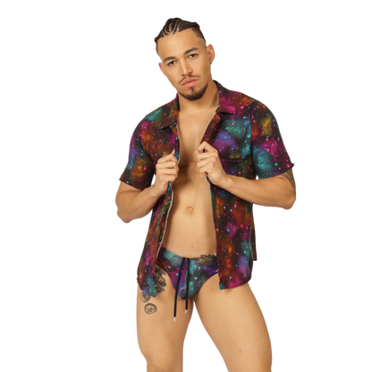 A vibrant galaxy-print short-sleeved button-up shirt in purple teal and orange called gigo universe shirt