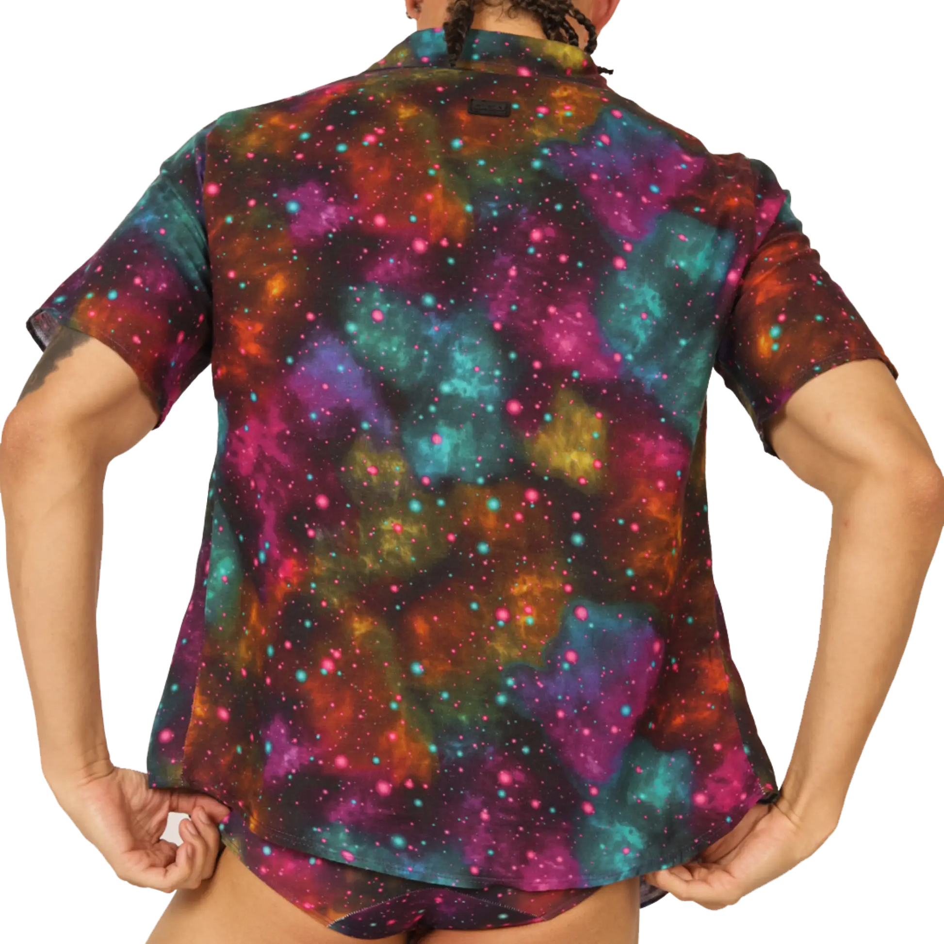 Gigo Universe shirt vibrant galaxy print short-sleeved button-up with swirling nebulae in teal magenta orange and purple hues