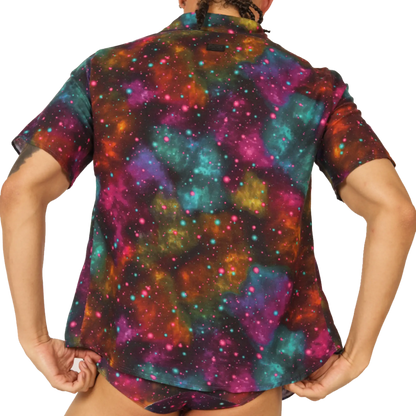 Gigo Universe shirt vibrant galaxy print short-sleeved button-up with swirling nebulae in teal magenta orange and purple hues