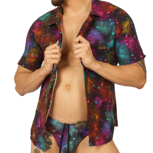 Vibrant gigo universe short-sleeved button-up shirt with bold galaxy print in purple teal pink and orange cosmic design