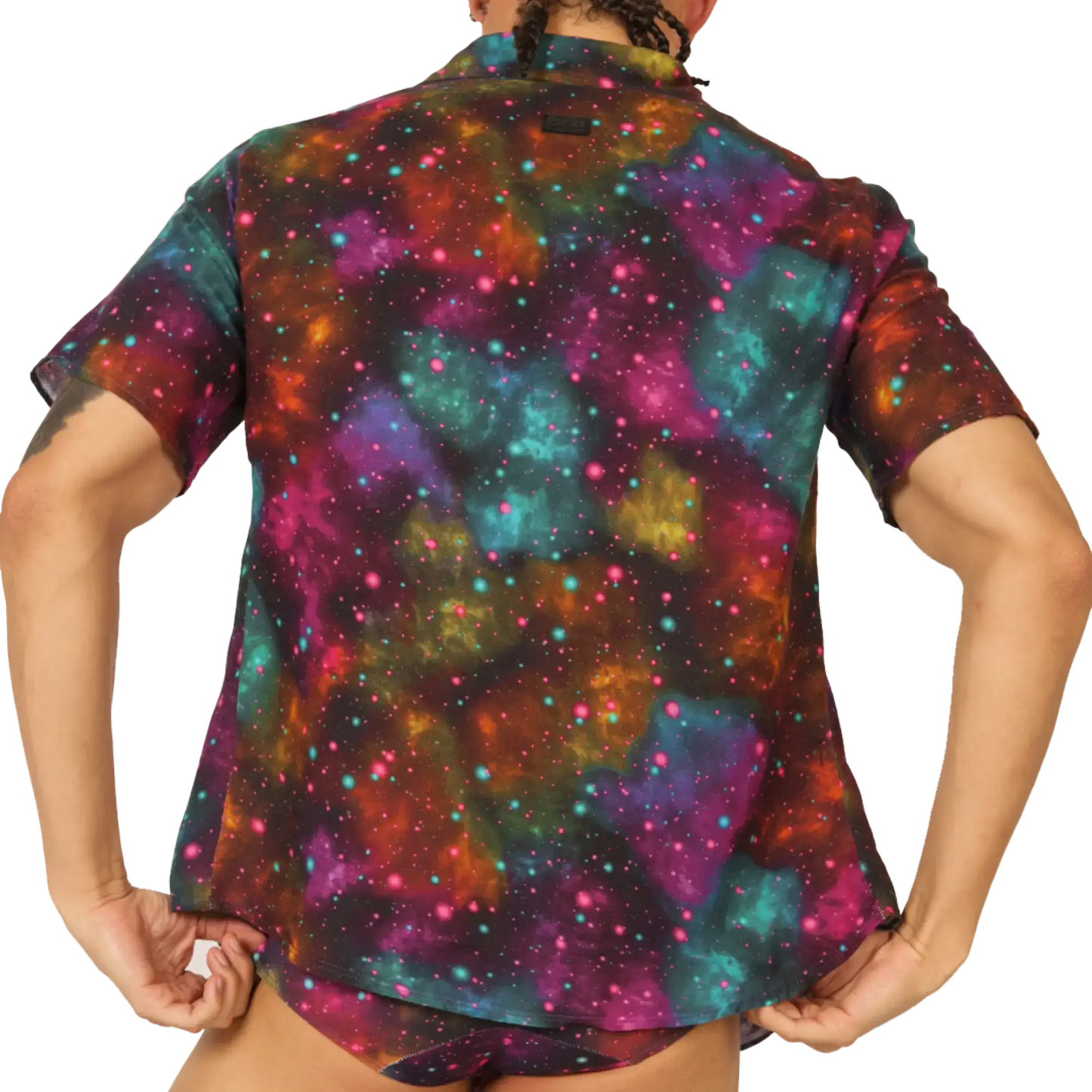 Gigo Universe shirt vibrant galaxy print short-sleeved button-up with swirling nebulae in teal magenta orange and purple hues