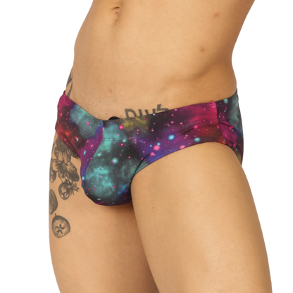 Gigo Universe swimbrief with vibrant galaxy pattern in purple teal and pink glossy fabric finish for swimming