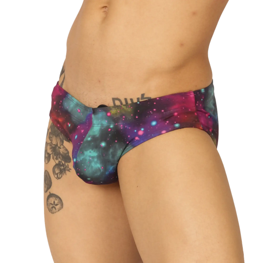 Gigo Universe swimbrief with vibrant galaxy pattern in purple teal and pink glossy fabric finish for swimming