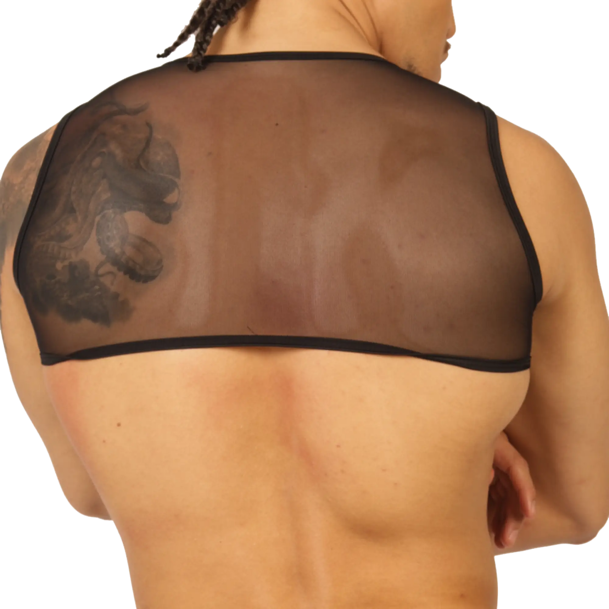 Black sheer mesh gigo universe vest harness with black trim showing front view