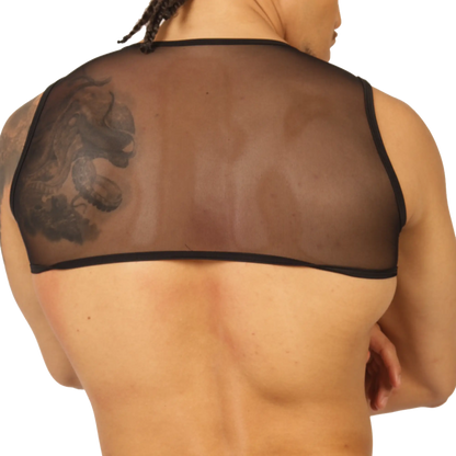 Black sheer mesh gigo universe vest harness with black trim showing front view
