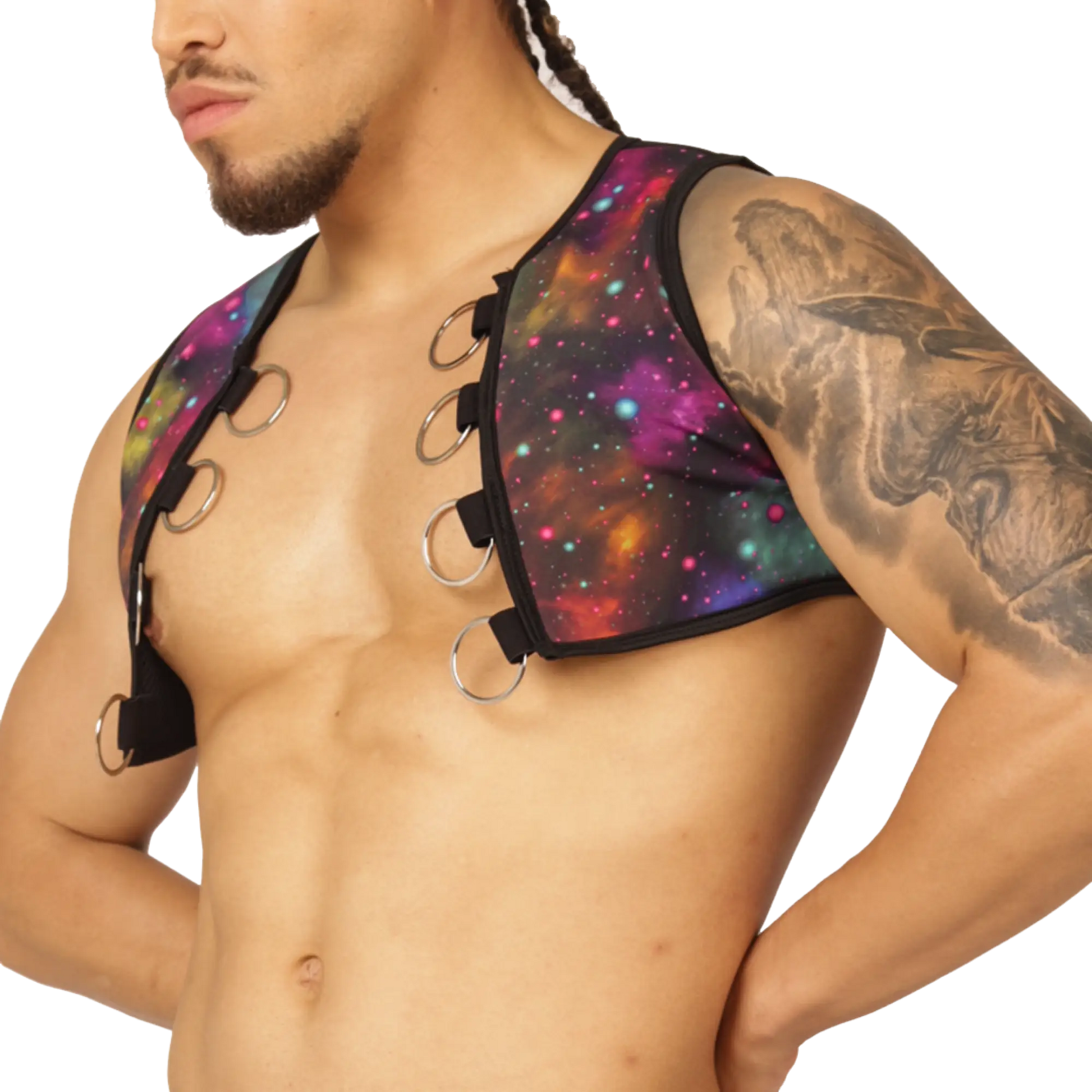 A vibrant galaxy-print Gigo Universe vest harness with black straps and silver metal rings