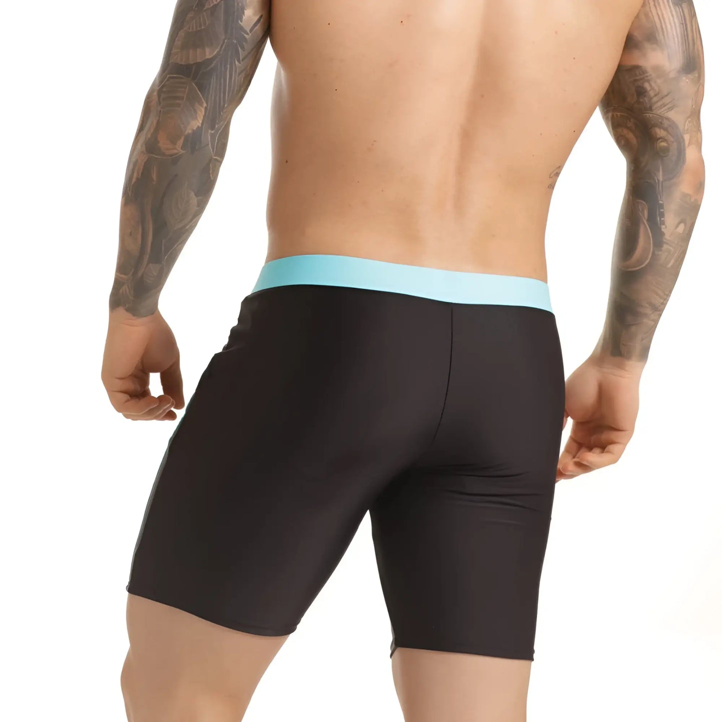 Black athletic briefs with light blue elastic waistband by gigo versatil designed for beachwear use