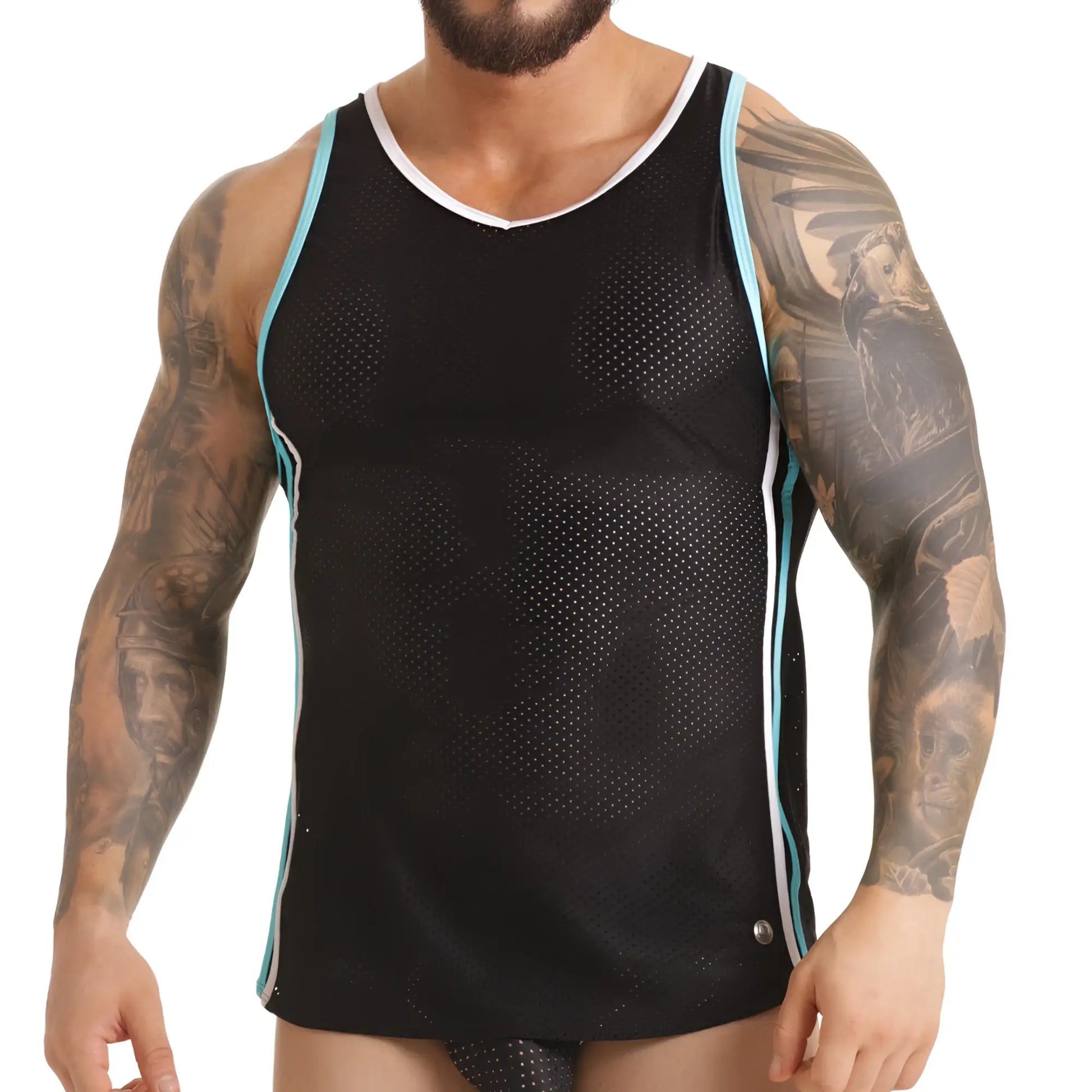 Black mesh tank top with light blue and white trim designed for versatile use in the gigo versatil blue tank