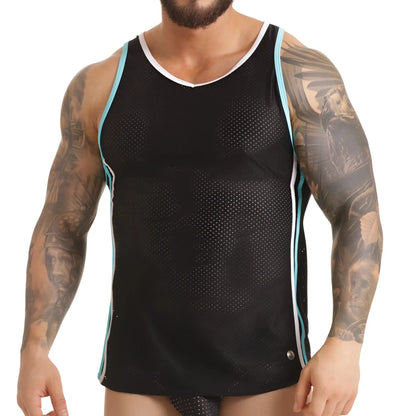 Black mesh tank top with light blue and white trim designed for versatile use in the gigo versatil blue tank