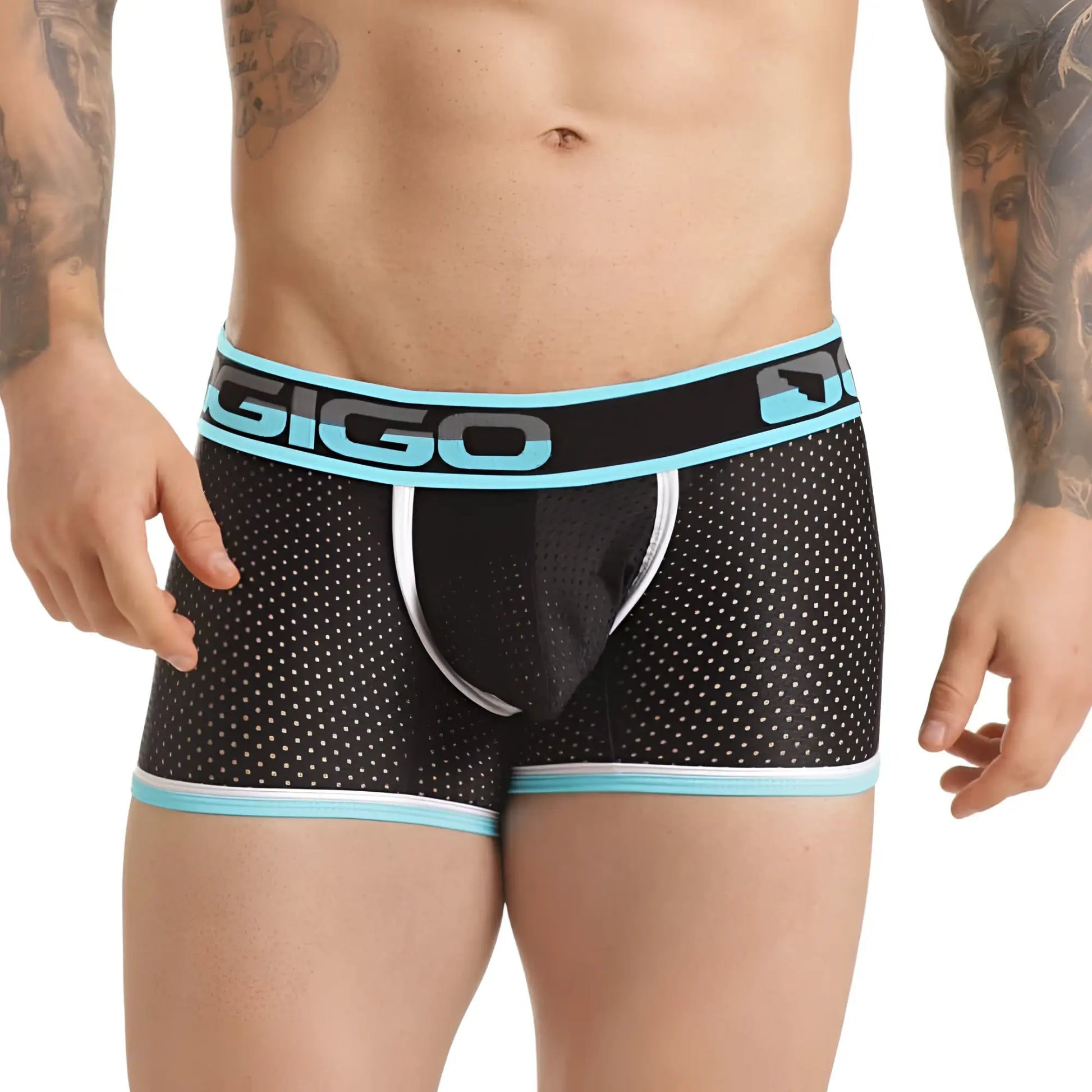 Black gigo menâ€™s boxer briefs with light blue waistband and white dot pattern in versatile blue trunk design