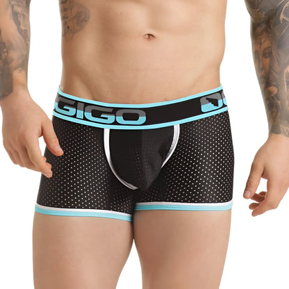 Black gigo menâ€™s boxer briefs with light blue waistband and white dot pattern in versatile blue trunk design
