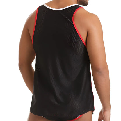 Black mesh gigo versatil red tank top with red trim on shoulder straps and neckline