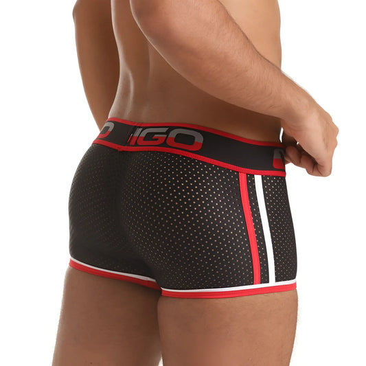 Black mesh briefs with red and white trim and bold igo logo on waistband from gigo versatil red trunk collection