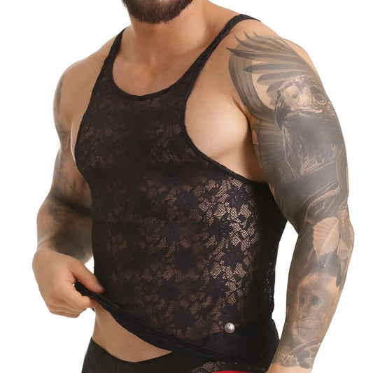Black lace tank top with delicate floral pattern and thin straps from Gigo vibrant black tank collection