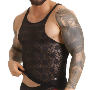 Black lace tank top with delicate floral pattern and thin straps from Gigo vibrant black tank collection