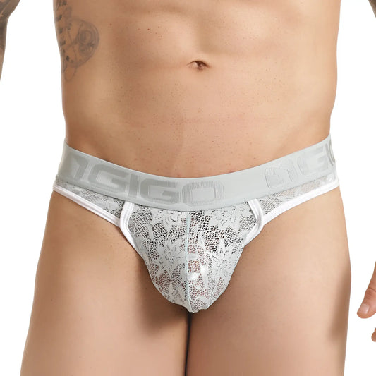 Gray lace thong with white trim and elastic waistband featuring nggo logo from gigo vibrant blue brief gstring collection
